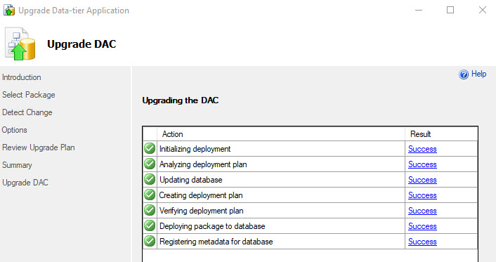 The Upgrade DAC page displays. Under Upgrading the DAC, a table displays with Action and Result columns.